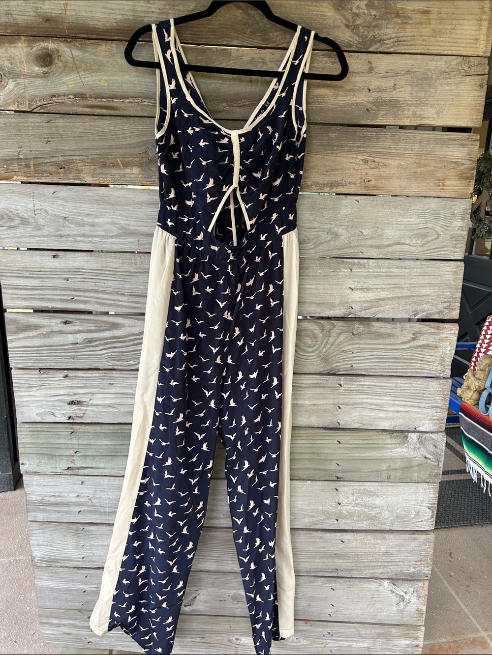 the clothing company Bird-Print Jumpsuit w Cream Side Panels back tie & cutout